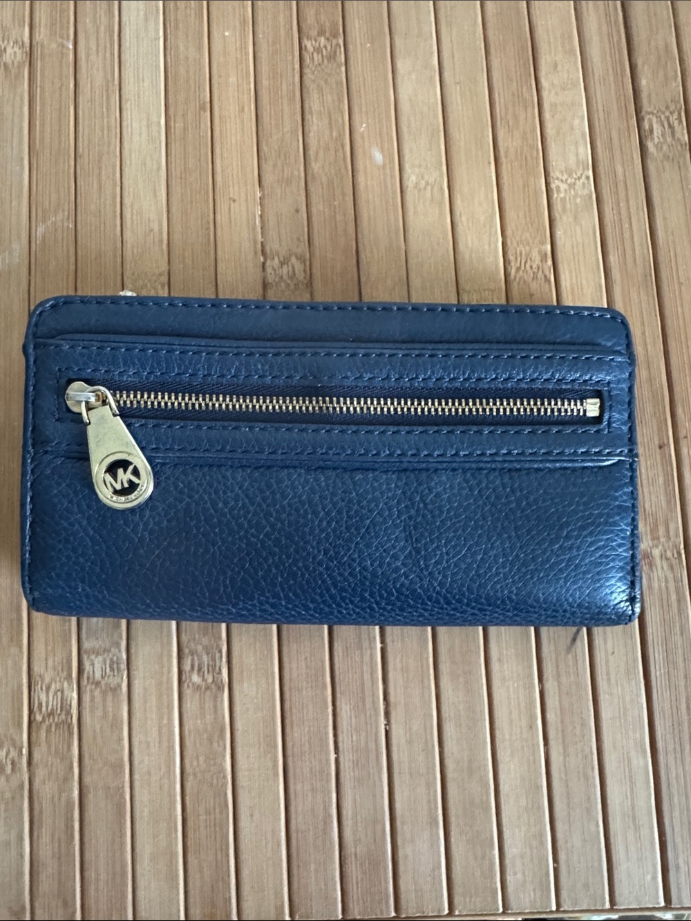 Michael Kors Navy Leather Zip-Around Wallet with Gold Hardware